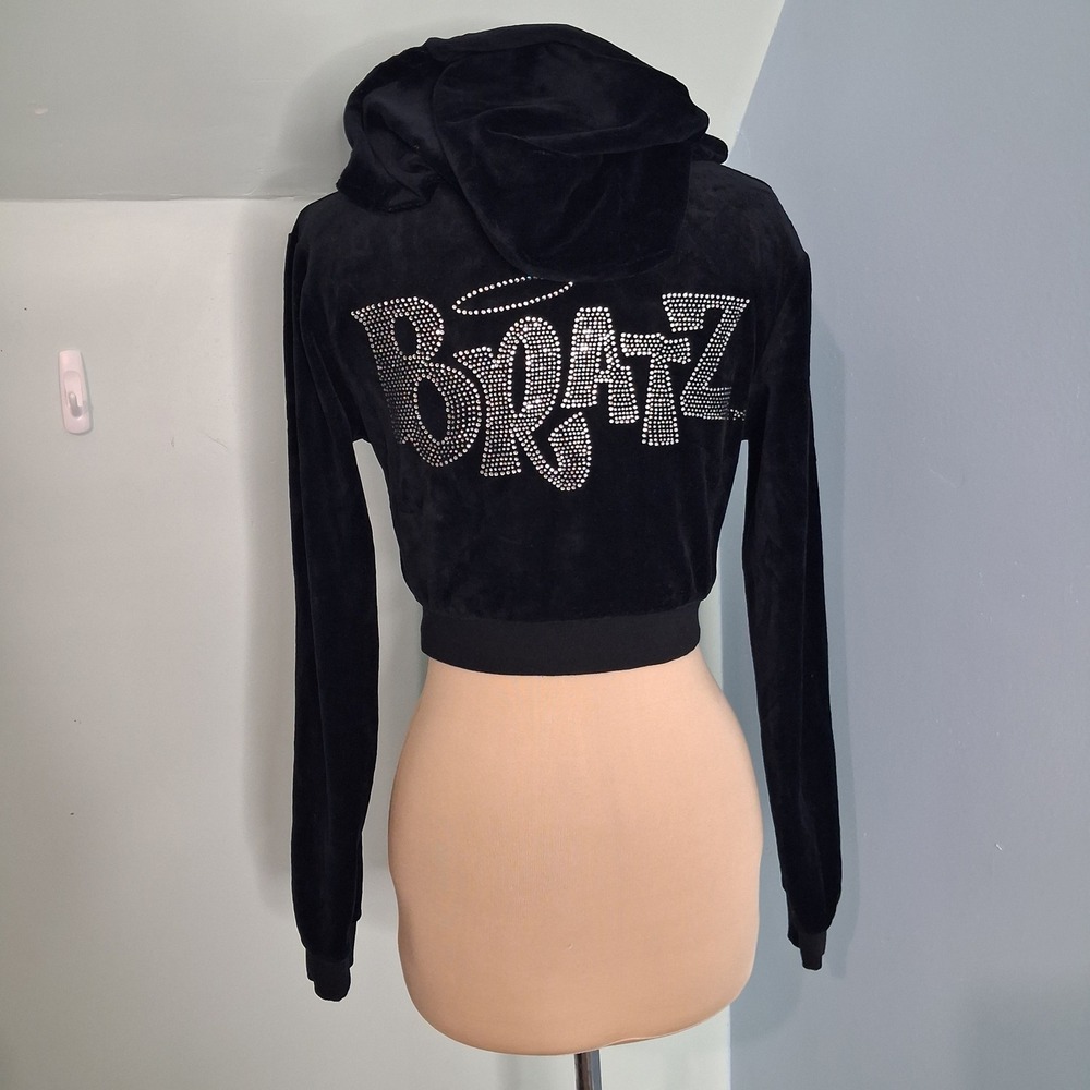 Dolls Kill x Bratz Black Velour Rhinestone Cropped Zip Up Hoodie Small Y2K